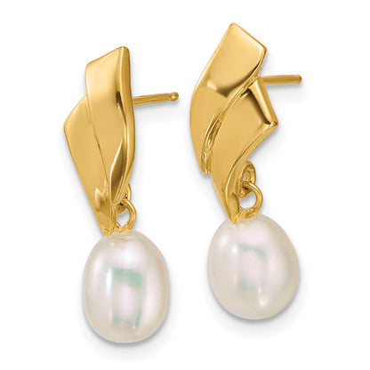 14K Yellow Gold Polished 5-7mm Teardrop Freshwater Cultured Pearl Dangle Post Earrings