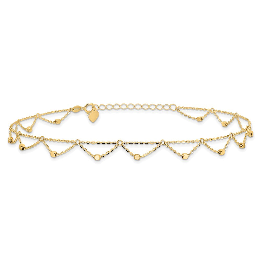 14K Yellow Gold Diamond-cut Fancy Beaded 10 Inch Plus 1.5 Inch Extender - Total 11.5 Inch Anklet