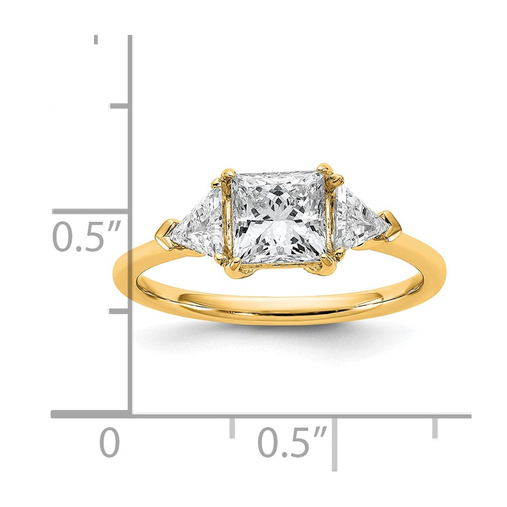 14K Yellow Gold 1 1/2 carat Certified Lab Grown Diamond VS+ F+ Princess and Trillion Complete Three Stone Engagement Ring