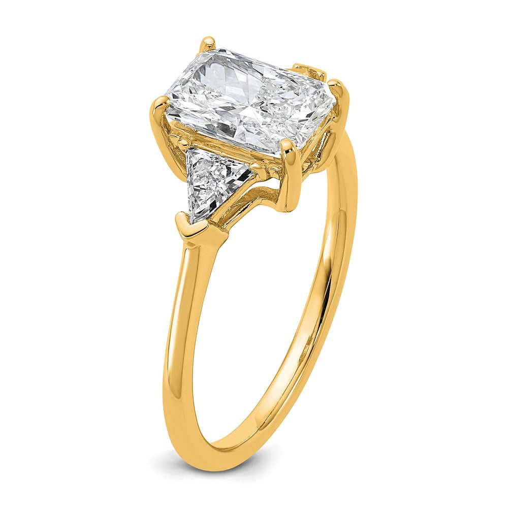 14K Yellow Gold 1/2 carat Lab Grown Diamond VS+ F+ Triangle 1 1/2 carat Radiant Center Semi Mount Three Stone Engagement Ring