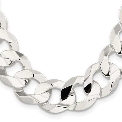 Sterling Silver Rhodium-plated 15.75mm Concave Beveled Curb 24 Inch Chain