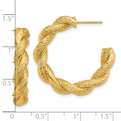 14K Yellow Gold Polished and Textured Twisted Post Hoop Earrings