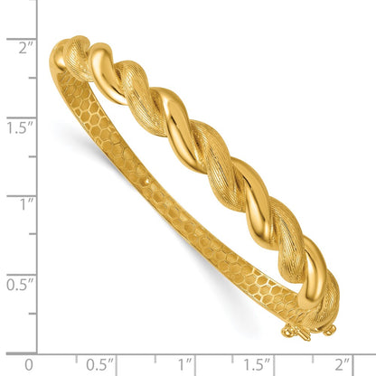 14K Yellow Gold Polished Twisted Textured 7.75mm Hinged Oval Bangle Bracelet