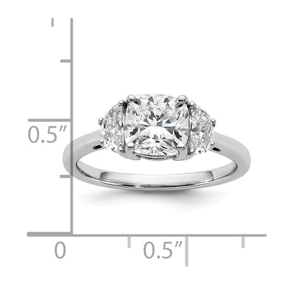 14K White Gold 1/2 carat Lab Grown Diamond VS/SI+ G+ Half Moon and 1 1/2 carat Cushion Center Semi Mount Three Stone Engagement Ring