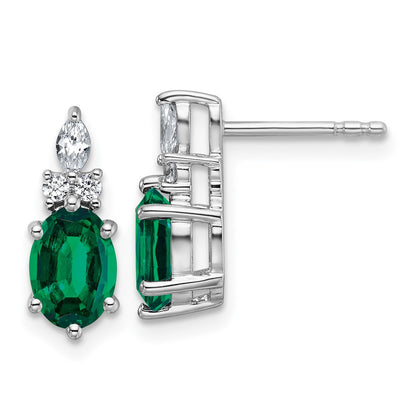 14K White Gold Diamond and 7x5 Oval May/Lab Created Emerald Post Earrings