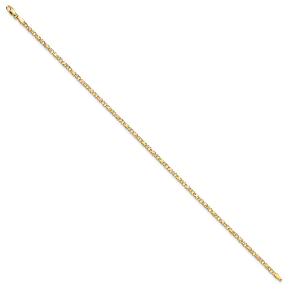 14K Two-Tone Gold Polished and Satin -plated X-and-Heart 9 Inch Anklet