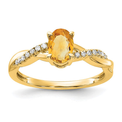 14K Yellow Gold 7x5 Oval November/Citrine and Diamond Size 7 Ring