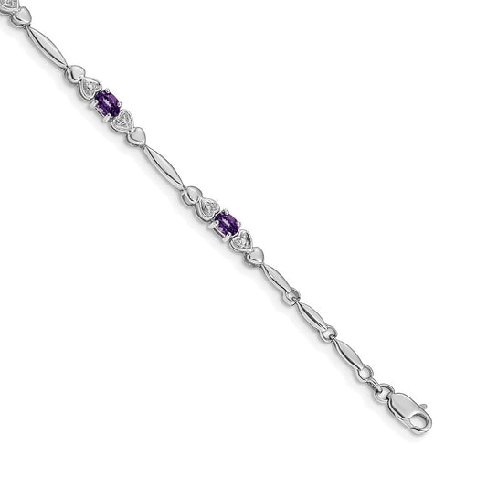 14K White Gold Complete Diamond and Oval Amethyst Heart Design 7 Inch Bracelet