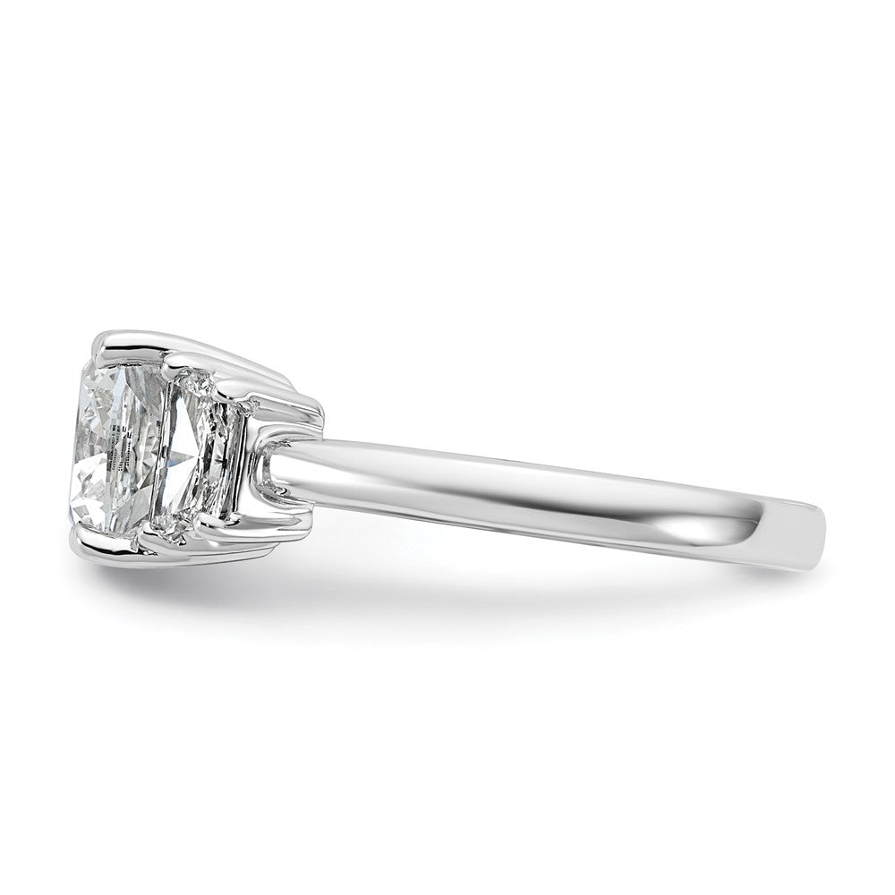 14K White Gold 3 1/8 carat Lab Grown Diamond VS+ F+ Cushion and Half Moon Complete Three Stone Engagement Ring