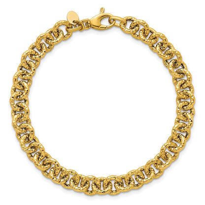 14K Yellow Gold Polished and Textured 7.3mm Cable Chain 7.5 Inch Bracelet