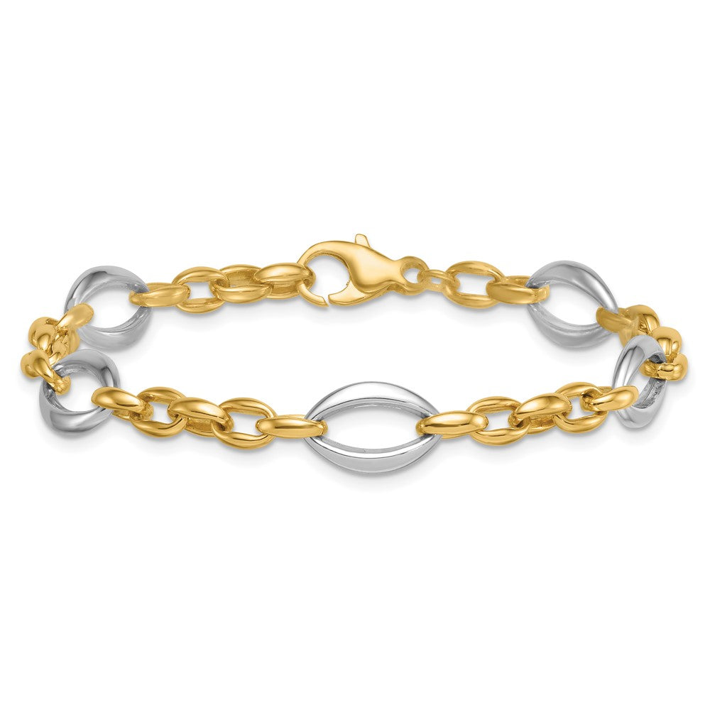 14K Two-Tone Gold Two Tone Polished Oval and Cable Chain 7.25 Inch Bracelet