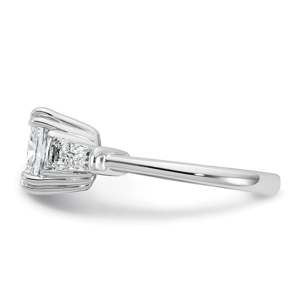 14K White Gold 3/4 carat Lab Grown Diamond VS+ F+ Tapered Baguette 2 1/2 carat Cushion Center Semi Mount Three Stone Engagement Ring