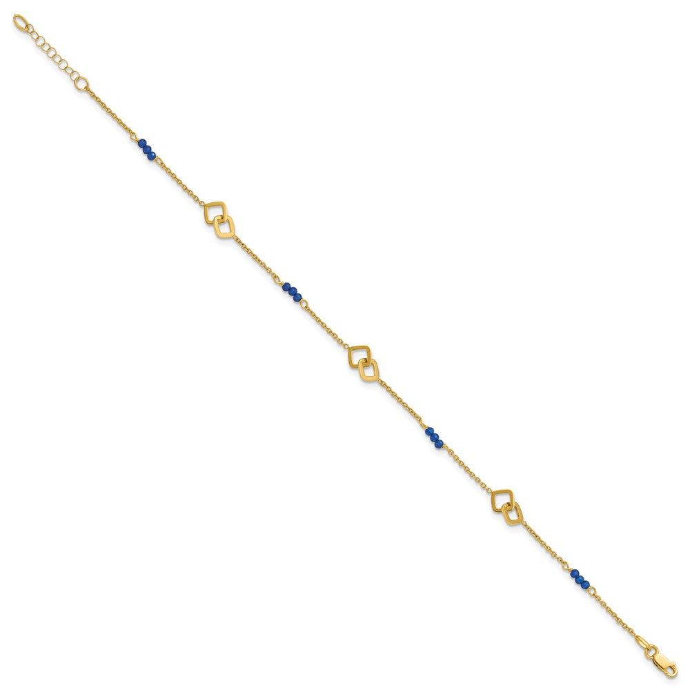 14K Yellow Gold Polished Blue Spinel Beads and Squares 9 Inch Plus 1 Inch Extender - Total 10 Inch Anklet