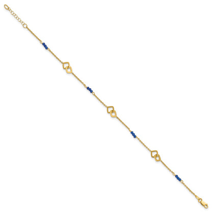 14K Yellow Gold Polished Blue Spinel Beads and Squares 9 Inch Plus 1 Inch Extender - Total 10 Inch Anklet