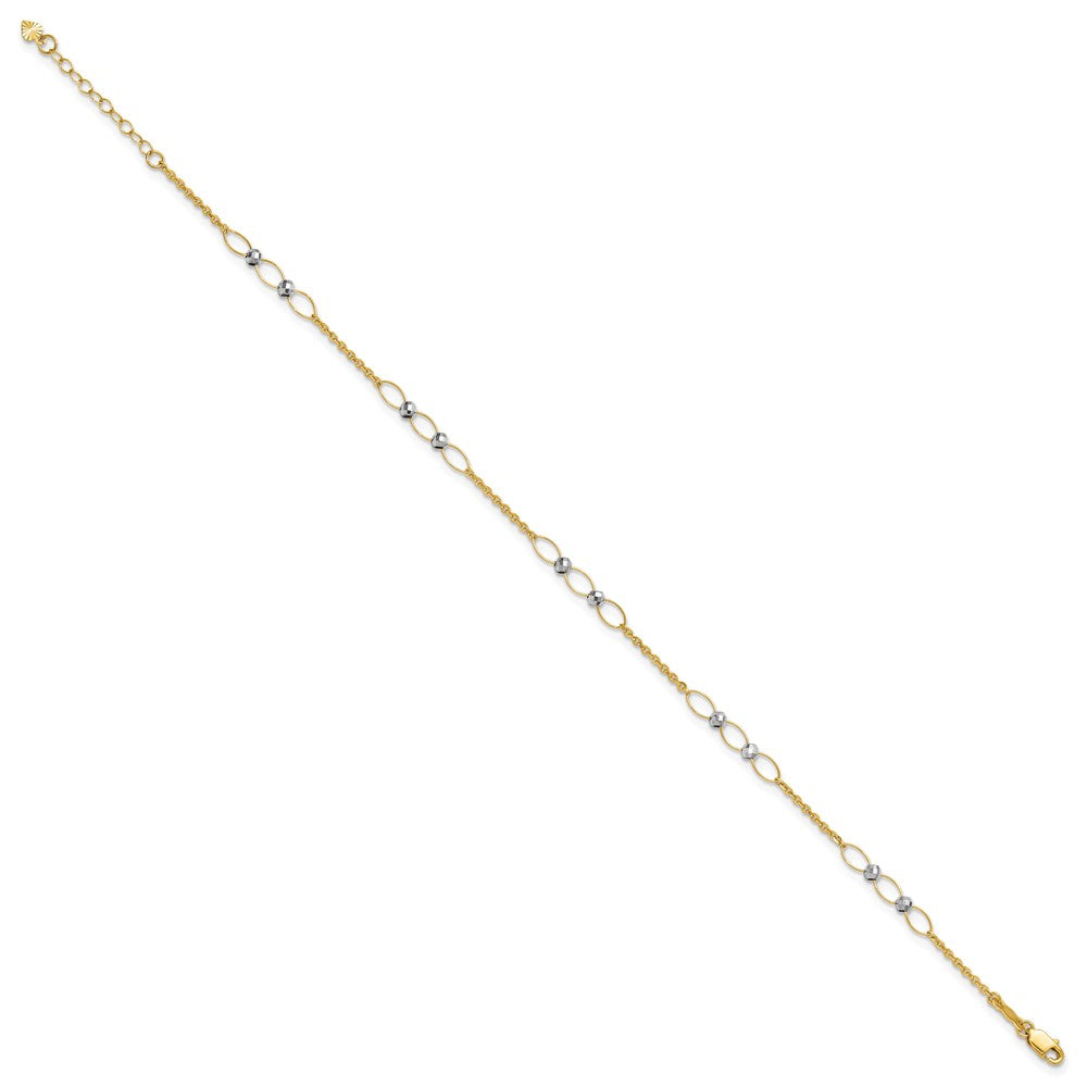 14K Two-Tone Gold Two-tone Oval Links and Mirror Beads 9 Inch Plus 1 Inch Extender - Total 10 Inch Anklet