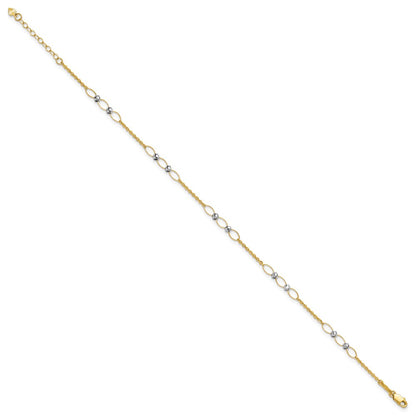 14K Two-Tone Gold Two-tone Oval Links and Mirror Beads 9 Inch Plus 1 Inch Extender - Total 10 Inch Anklet
