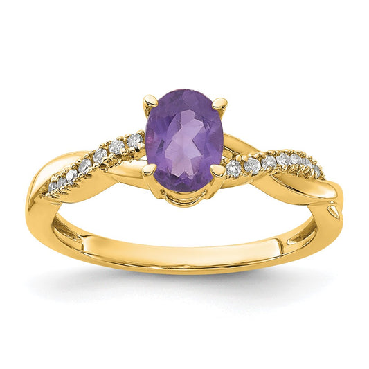 14K Yellow Gold 7x5 Oval February/Amethyst and Diamond Size 7 Ring