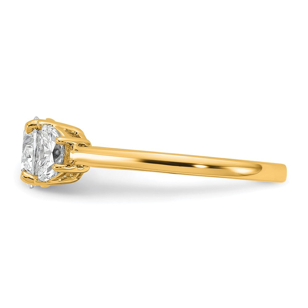 14K Yellow Gold 3/8 carat Lab Grown Diamond VS+ F+ 1 carat Center Round Semi Mount Three Stone Engagement Ring