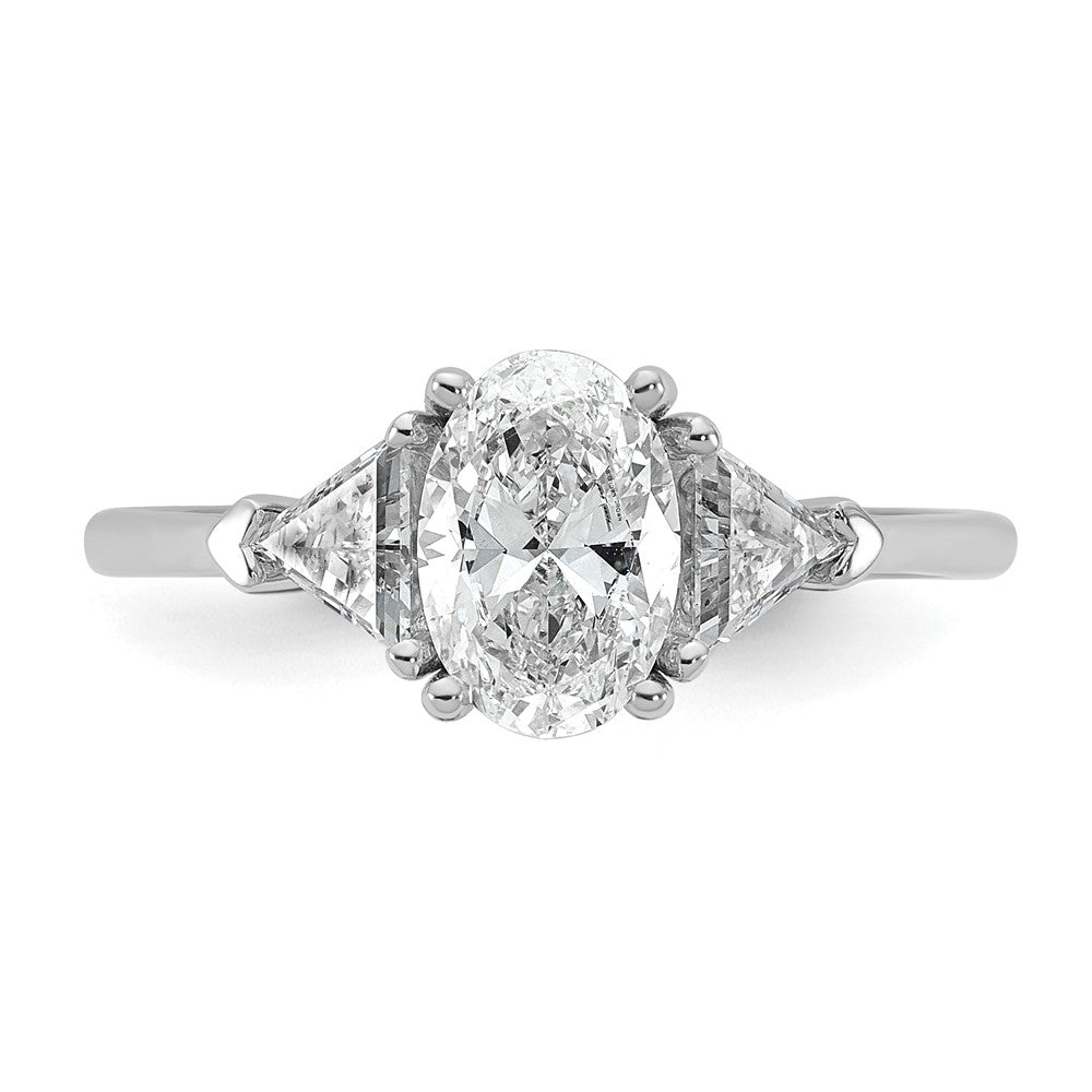 14K White Gold 1/2 carat Lab Grown Diamond VS+ F+ Trillion and 1 carat Oval Center Semi Mount Three Stone Engagement Ring