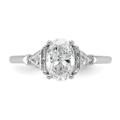 14K White Gold 1/2 carat Lab Grown Diamond VS+ F+ Trillion and 1 carat Oval Center Semi Mount Three Stone Engagement Ring