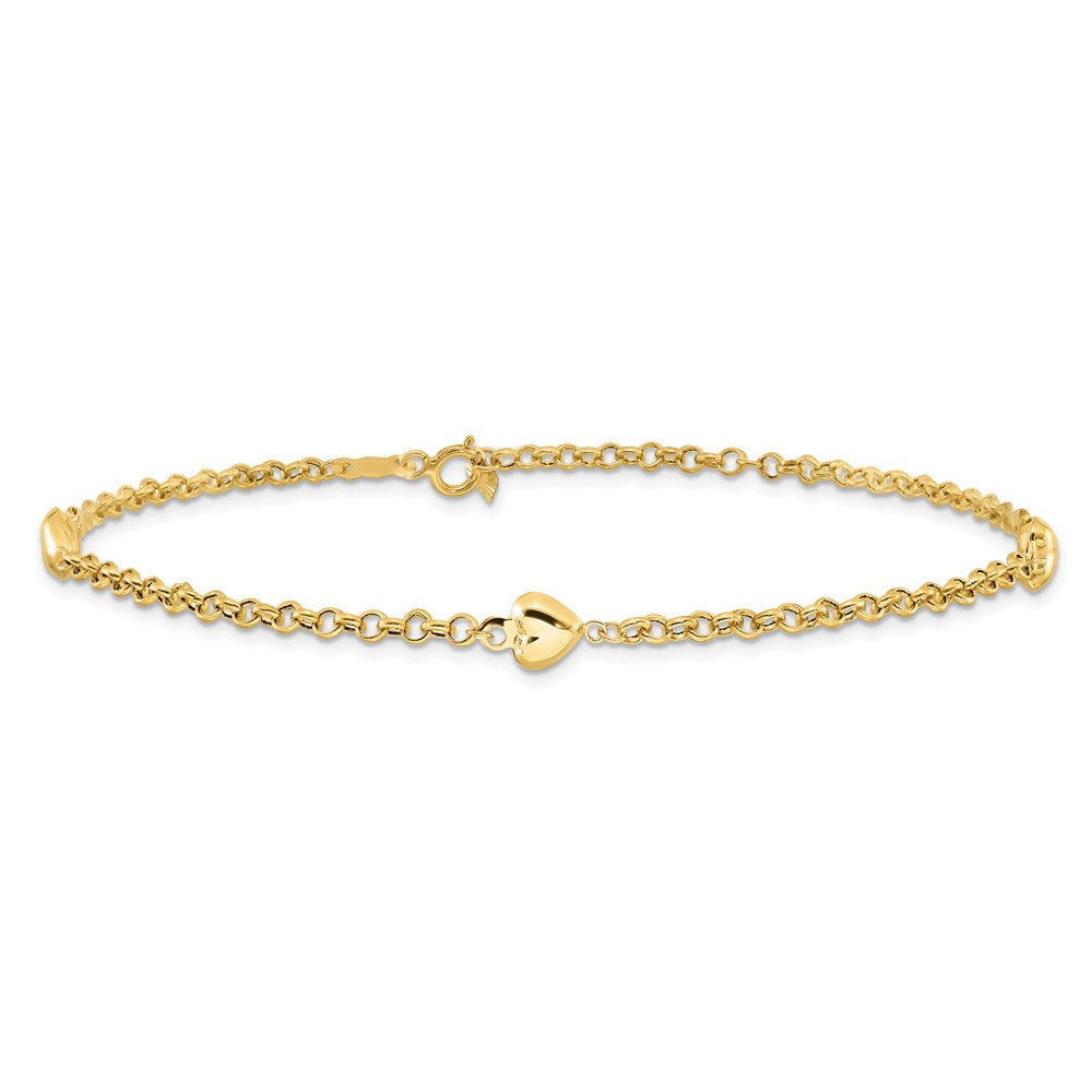14K Yellow Gold Polished Puffed Heart 3-Station 10 Inch Anklet