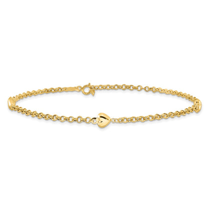 14K Yellow Gold Polished Puffed Heart 3-Station 10 Inch Anklet