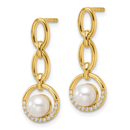 14K Yellow Gold Polished 1/10 carat Diamond and Freshwater Cultured Pearl Open Circle Dangle Post Earrings