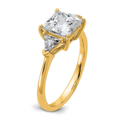 14K Yellow Gold 2 1/2 carat Certified Lab Grown Diamond VS+ F+ Princess and Trillion Complete Three Stone Engagement Ring
