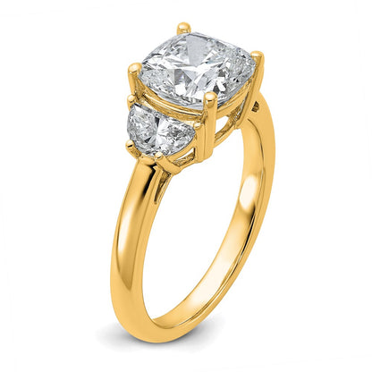 14K Yellow Gold 3 1/8 carat Certified Lab Grown Diamond VS+ F+ Complete Cushion and Half Moon Three Stone Engagement Ring