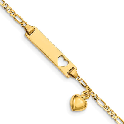 14K Yellow Gold Polished Solid Chain/Solid Plate Cut-out Heart with Heart Dangle Figaro Link 21x5mm Plate 5.5 Inch Baby/Child ID Bracelet