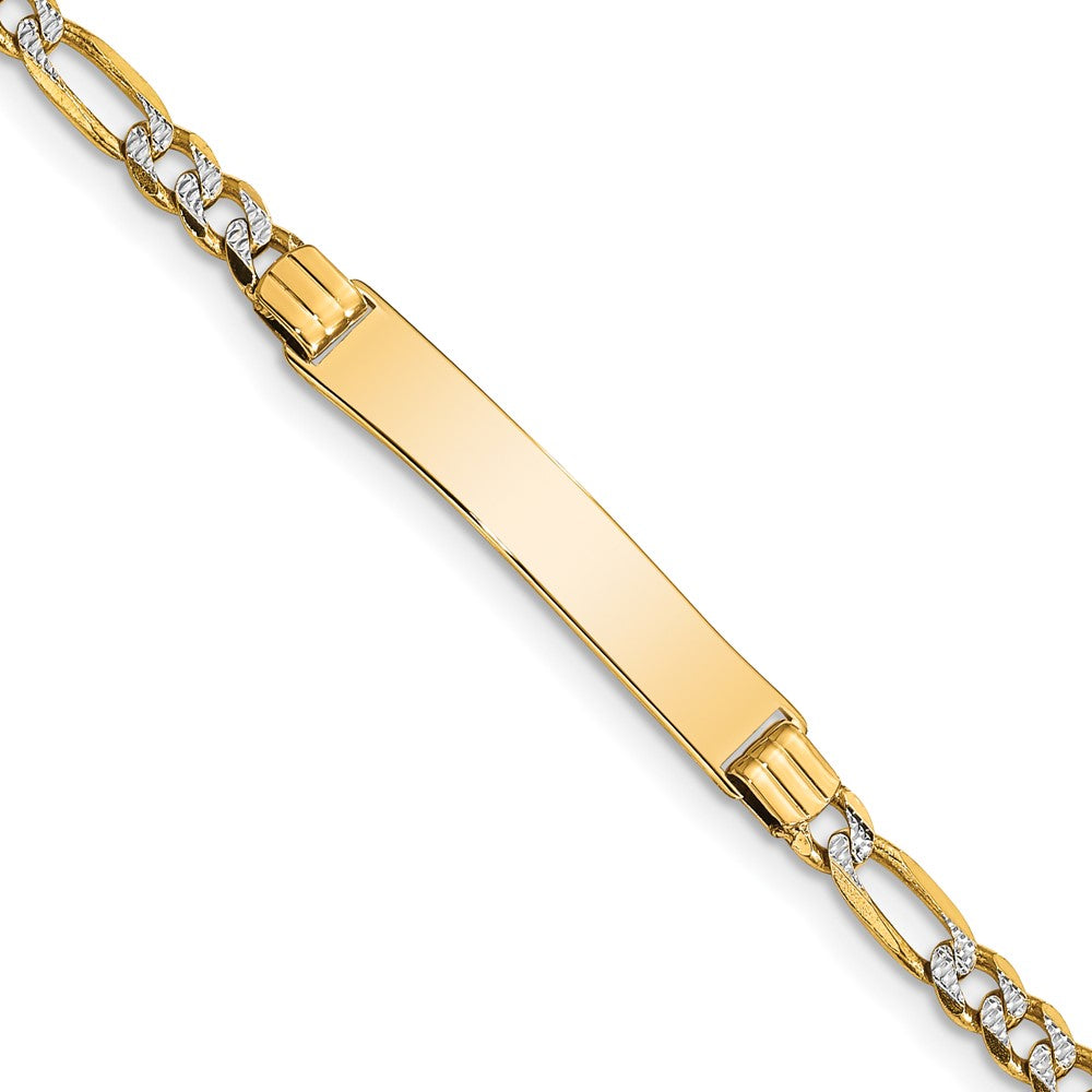 14K Yellow Gold with Rhodium Polished Solid Chain/Solid Plate Pav‚ Figaro Link 26x5mm Plate 5.5 Inch Baby/Child ID Bracelet