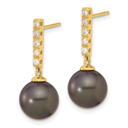 14K Yellow Gold 9-10mm Black Round Tahitian Saltwater Cultured Pearl and .20 Carat Diamond Post Dangle Earrings