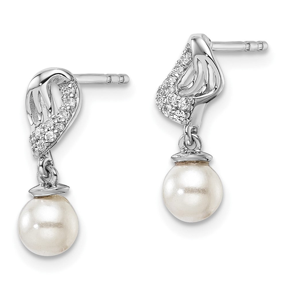 14K White Gold Polished 1/20 carat Diamond and White Freshwater Cultured Pearl Dangle Post Earrings