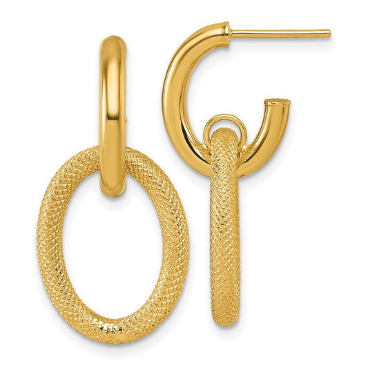 14K Yellow Gold Polished and Textured Oval Dangle C-Hoop Post Earrings