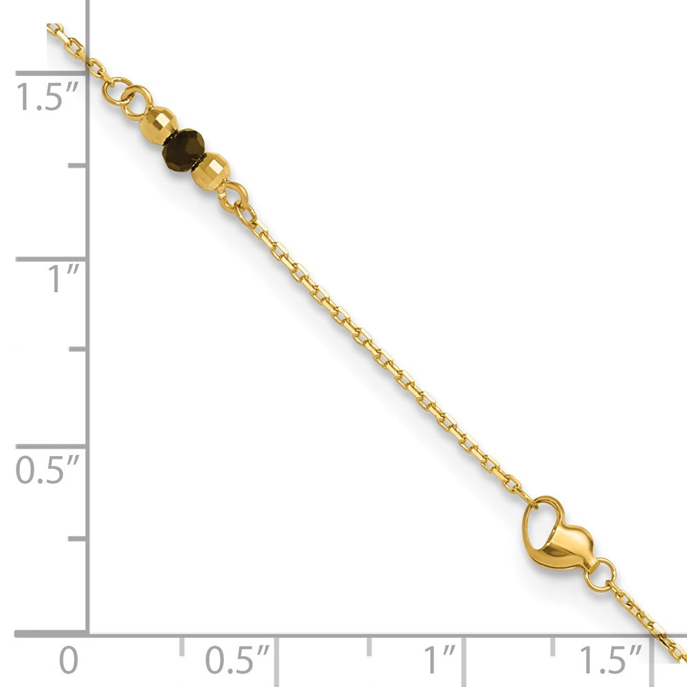 14K Yellow Gold Heart and Lab Created Onyx 9 Inch Plus 1 Inch Extender - Total 10 Inch Anklet