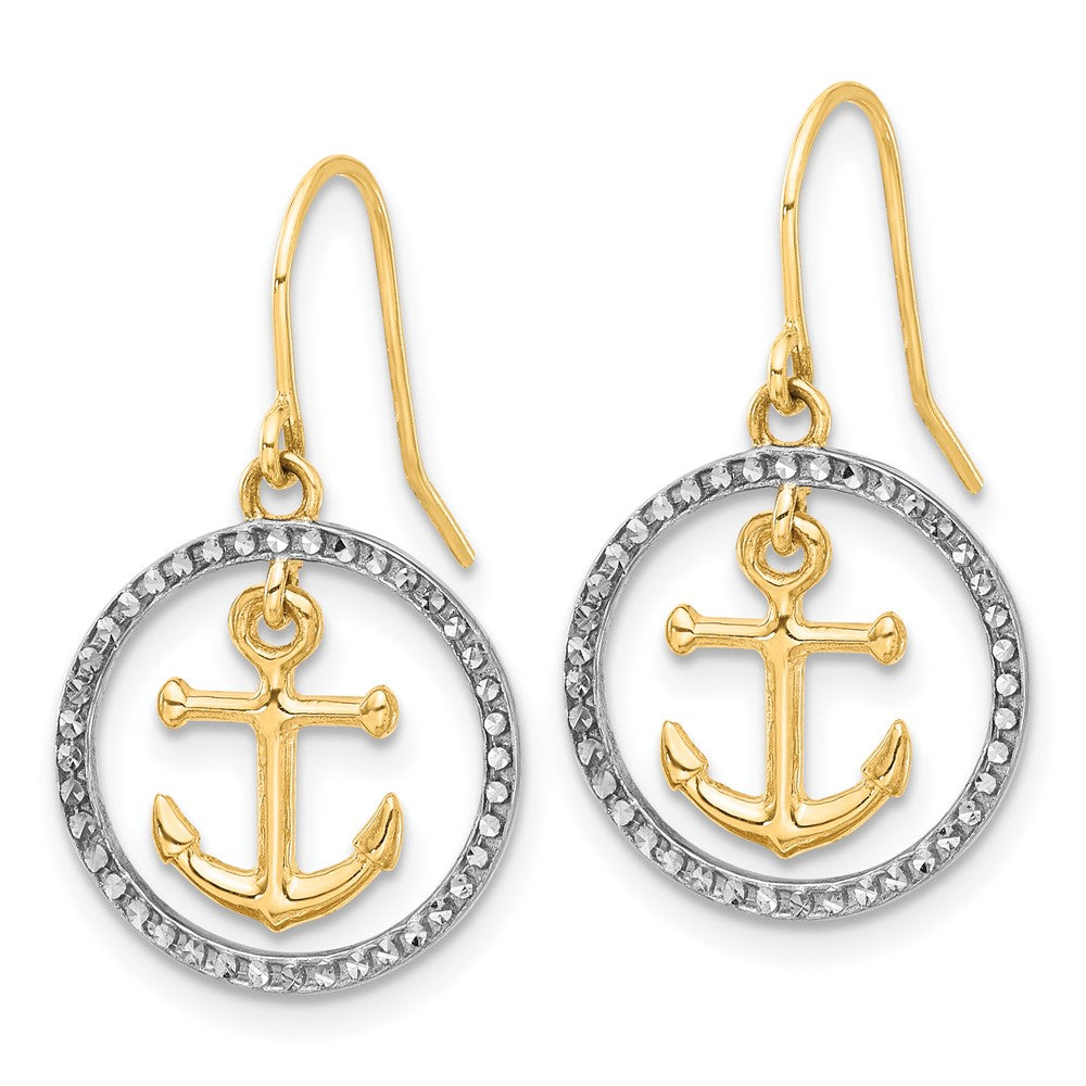 14K Yellow Gold and Rhodium D/C Anchor Dangle in Circle Dangle Earrings