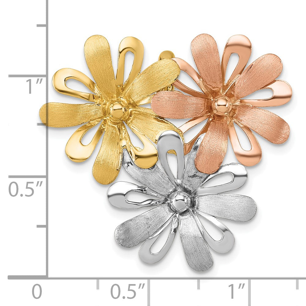 14K Yellow Gold with and -tone Rhodium Brushed and Polished Three Flowers Chain Slide Pendant