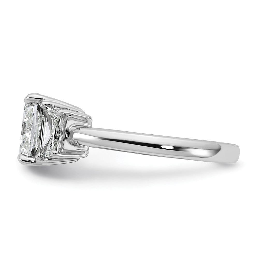 14K White Gold  3/4 carat Lab Grown Diamond VS+ F+ Half Moon 3 carat Cushion Center Semi Mount Three Stone Engagement Ring