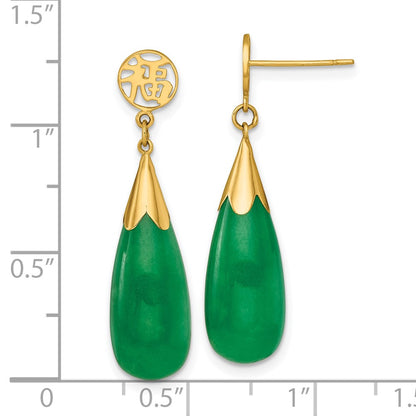 14K Yellow Gold Polished Good Luck Symbol Jade Teardrop Dangle Post Earrings