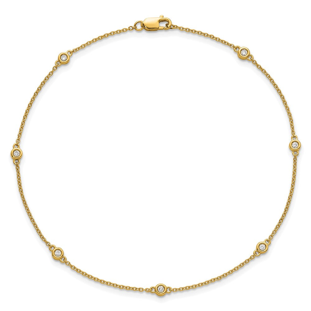 14K Yellow Gold Complete 1/8 carat Bezel-set Diamond and Cable Chain 7-Station 9 Inch Anklet