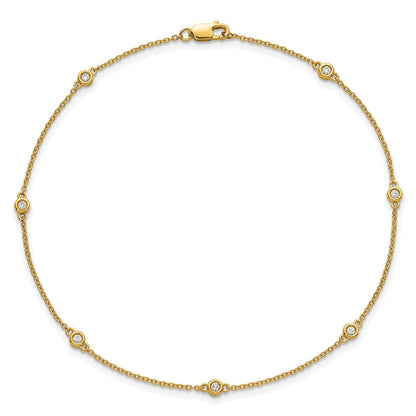 14K Yellow Gold Complete 1/8 carat Bezel-set Diamond and Cable Chain 7-Station 9 Inch Anklet