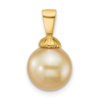 14K Yellow Gold Polished 10-11mm Round Golden South Sea Saltwater Cultured Pearl Pendant