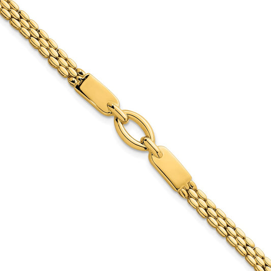 14K Yellow Gold Polished Fancy Oval Center 7.5 Inch Brick Link Bracelet