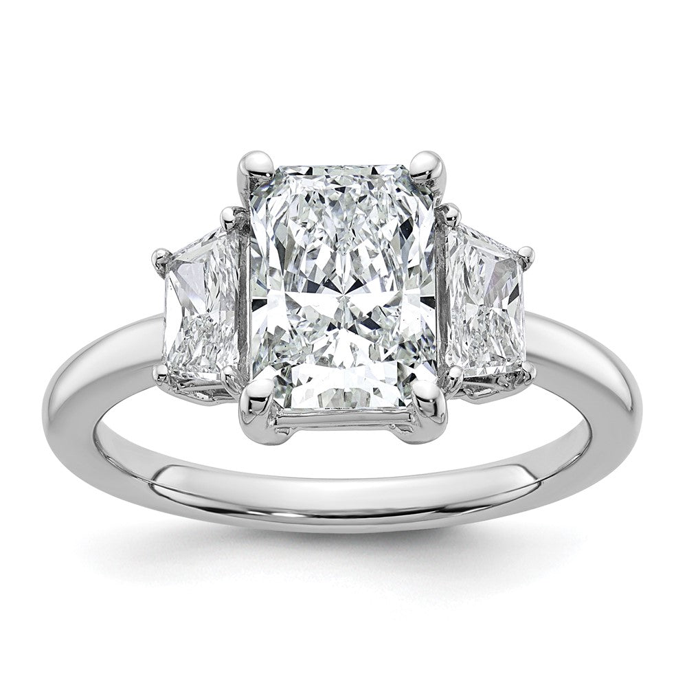 14K White Gold 2 3/4 carat Lab Grown Diamond VS+ F+ Radiant and Trapezoid Complete Three Stone Engagement Ring