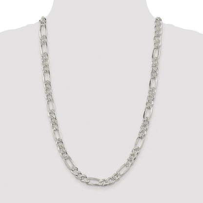 Sterling Silver Rhodium-plated 9.5mm Pav‚ Flat Figaro 26 Inch Chain