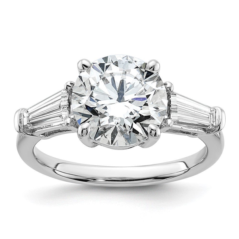 14K White Gold 3/4 carat Lab Grown Diamond VS+ F+ Tapered Baguette with 3 carat Round Center Semi Mount Three Stone Engagement Ring