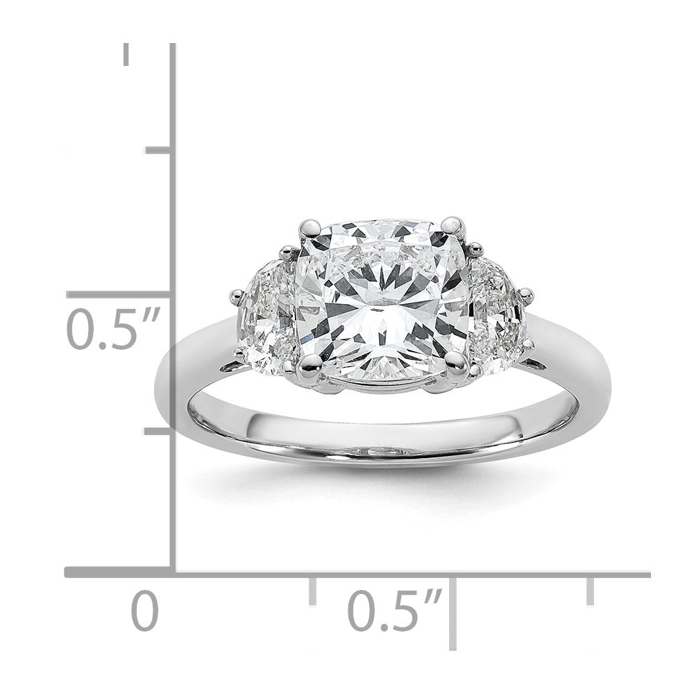 14K White Gold 2 1/2 carat Certified Lab Grown Diamond VS+ F+ Complete Cushion and Half Moon Three Stone Engagement Ring
