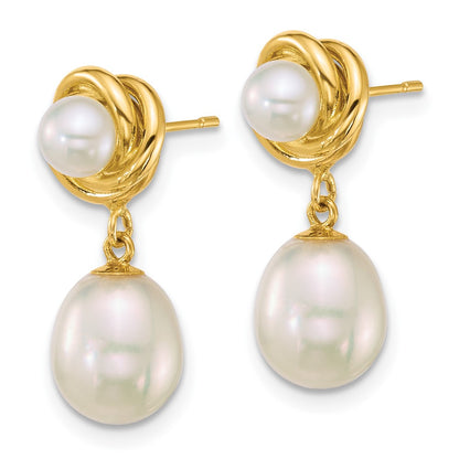 14K Yellow Gold Polished 4-5mm Button and 7-8mm Rice Freshwater Cultured Pearl Dangle Post Earrings