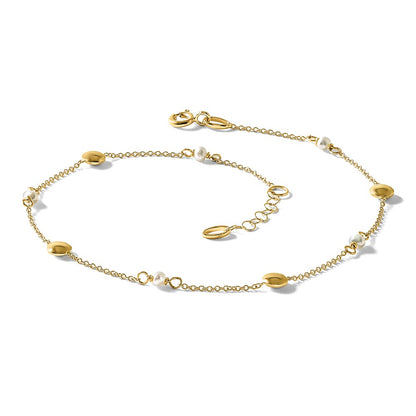 14K Yellow Gold Freshwater Cultured Pearl / Round Beads 9 Inch Plus 1 Inch Extender - Total 10 Inch Anklet
