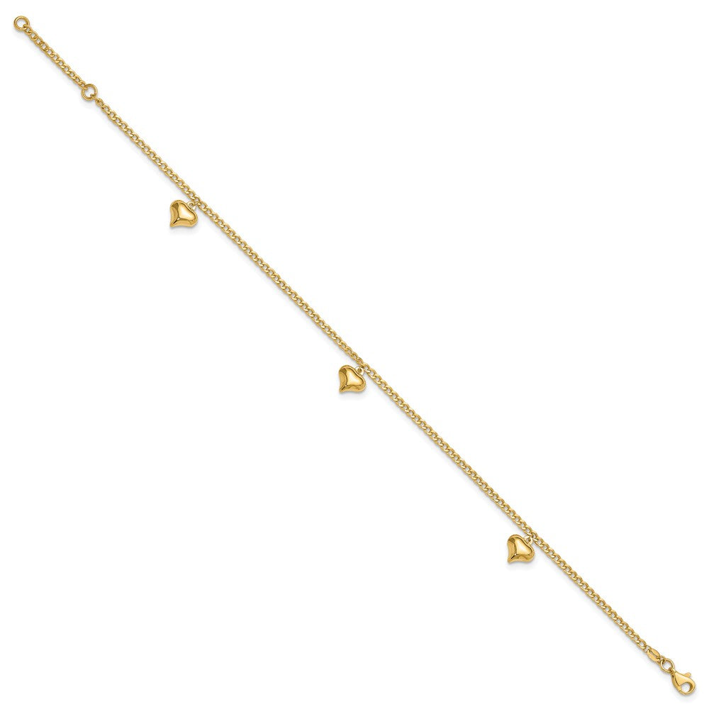 14K Yellow Gold Polished Curb Chain with 3 Puffed Heart Dangles 9 Inch Plus 1 Inch Extender - Total 10 Inch Anklet